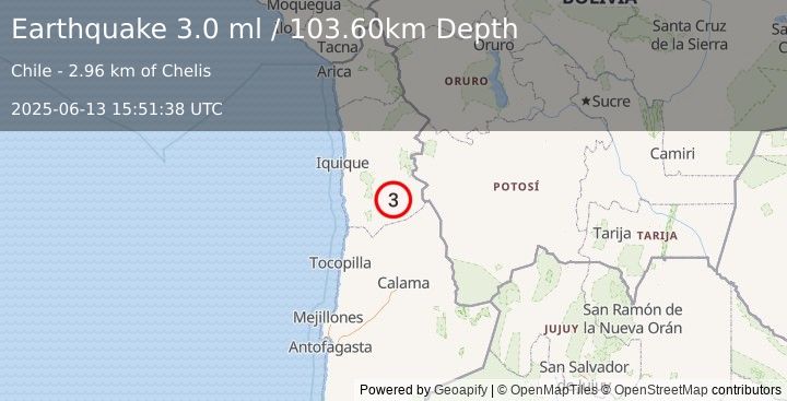 Earthquake TARAPACA, CHILE (3.0 ml) (2025-06-13 15:51:38 UTC)