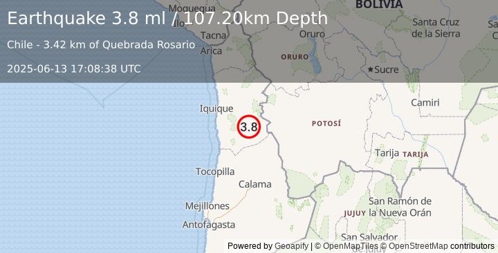 Earthquake TARAPACA, CHILE (3.8 ml) (2025-06-13 17:08:40 UTC)