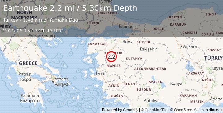Earthquake WESTERN TURKEY (2.2 ml) (2025-06-13 17:21:46 UTC)