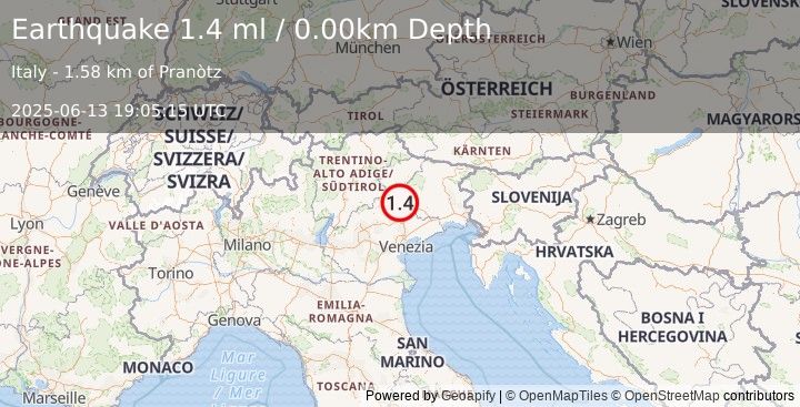 Earthquake NORTHERN ITALY (1.4 ml) (2025-06-13 19:05:15 UTC)