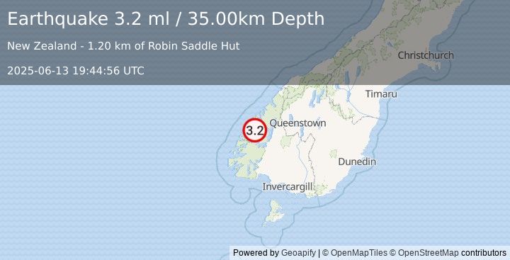 Earthquake SOUTH ISLAND OF NEW ZEALAND (3.2 ml) (2025-06-13 19:44:56 UTC)