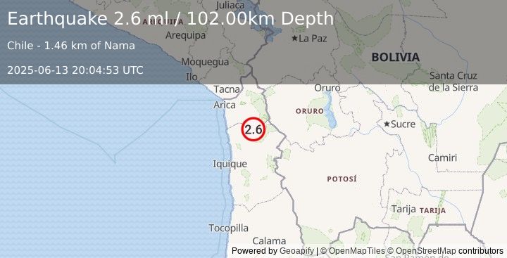 Earthquake TARAPACA, CHILE (2.6 ml) (2025-06-13 20:04:53 UTC)