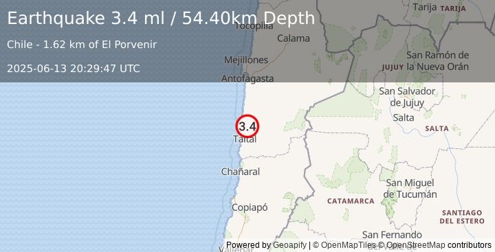 Earthquake ANTOFAGASTA, CHILE (3.4 ml) (2025-06-13 20:29:47 UTC)