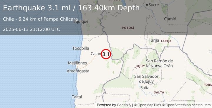 Earthquake ANTOFAGASTA, CHILE (3.1 ml) (2025-06-13 21:12:00 UTC)