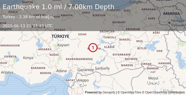 Earthquake EASTERN TURKEY (1.0 ml) (2025-06-13 21:33:43 UTC)