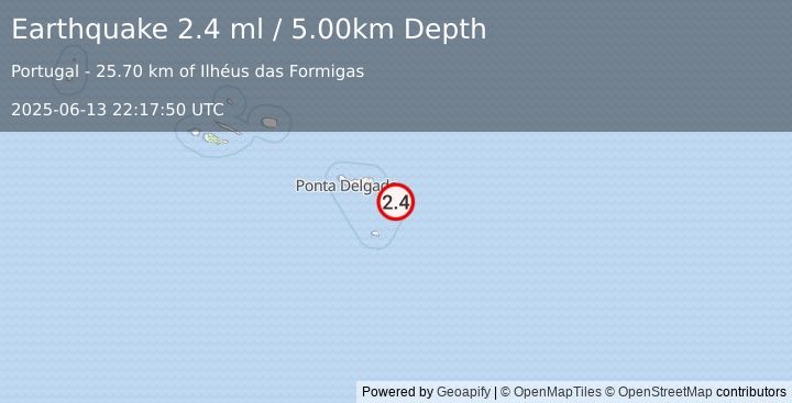 Earthquake AZORES ISLANDS REGION (2.4 ml) (2025-06-13 22:17:50 UTC)