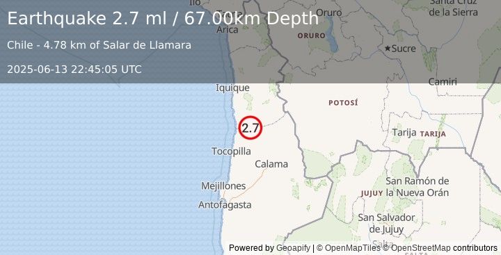 Earthquake TARAPACA, CHILE (2.7 ml) (2025-06-13 22:45:05 UTC)