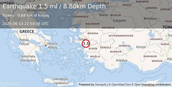Earthquake WESTERN TURKEY (1.5 ml) (2025-06-13 22:50:36 UTC)