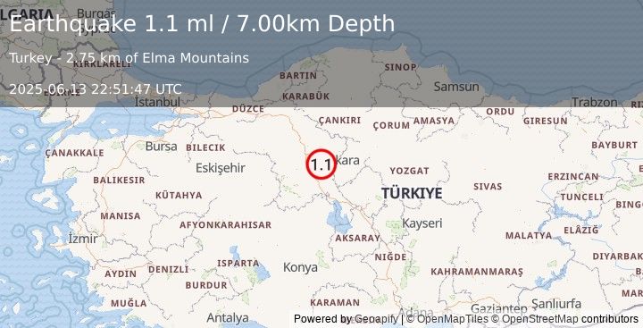 Earthquake CENTRAL TURKEY (1.1 ml) (2025-06-13 22:51:47 UTC)