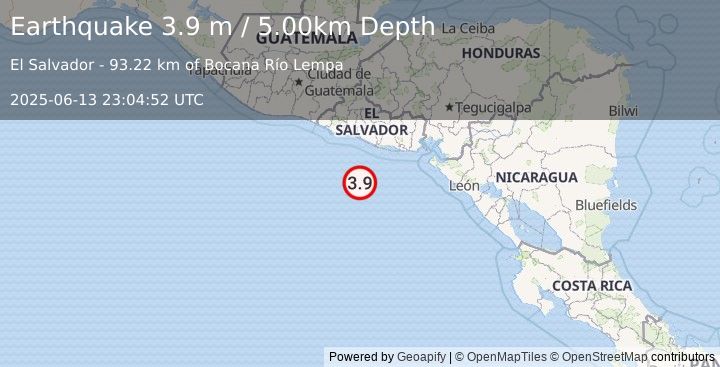 Earthquake OFFSHORE EL SALVADOR (3.9 m) (2025-06-13 23:04:52 UTC)