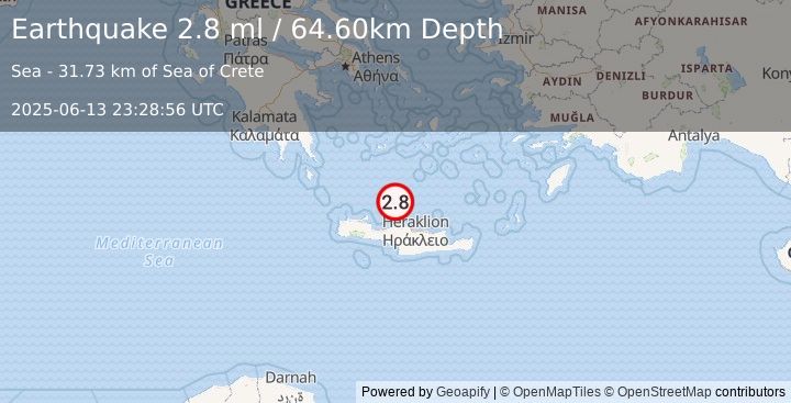 Earthquake CRETE, GREECE (2.8 ml) (2025-06-13 23:28:56 UTC)
