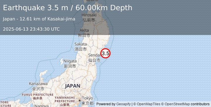 Earthquake NEAR EAST COAST OF HONSHU, JAPAN (3.5 m) (2025-06-13 23:43:30 UTC)