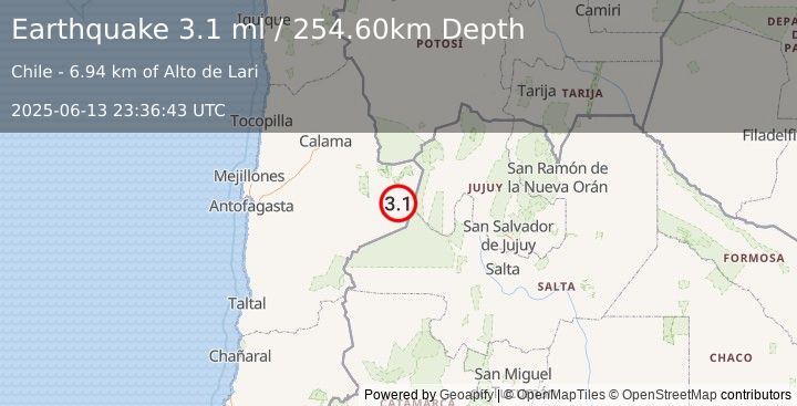 Earthquake ANTOFAGASTA, CHILE (3.1 ml) (2025-06-13 23:36:43 UTC)