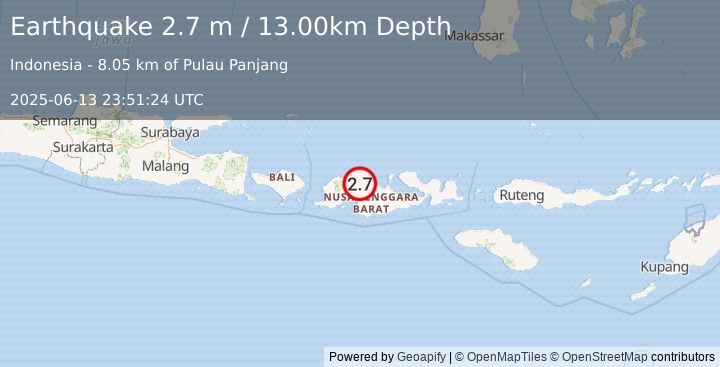 Earthquake LOMBOK REGION, INDONESIA (2.7 m) (2025-06-13 23:51:24 UTC)