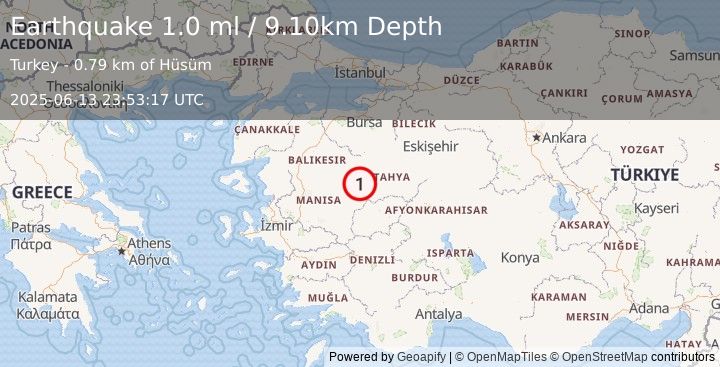 Earthquake WESTERN TURKEY (1.0 ml) (2025-06-13 23:53:17 UTC)