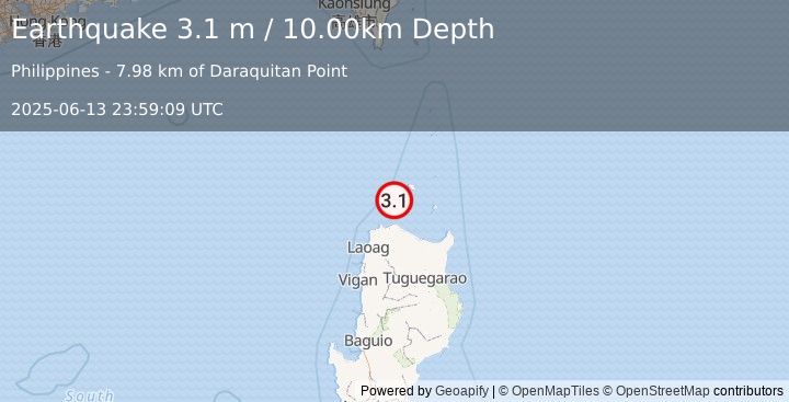 Earthquake BABUYAN ISL REGION, PHILIPPINES (3.1 m) (2025-06-13 23:59:09 UTC)