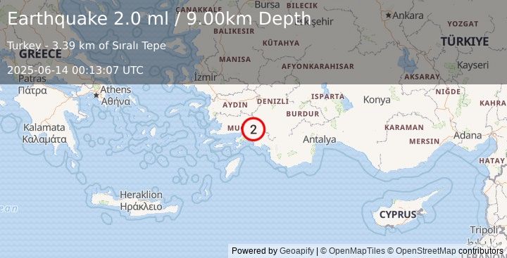 Earthquake WESTERN TURKEY (2.0 ml) (2025-06-14 00:13:07 UTC)
