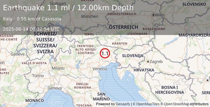 Earthquake NORTHERN ITALY (1.1 ml) (2025-06-14 00:32:54 UTC)