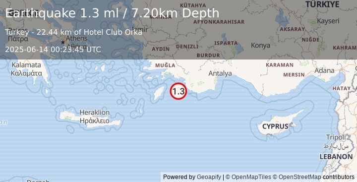 Earthquake DODECANESE IS.-TURKEY BORDER REG (1.3 ml) (2025-06-14 00:23:45 UTC)