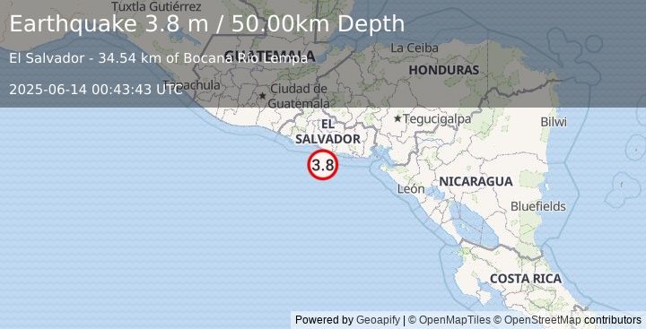 Earthquake OFFSHORE EL SALVADOR (3.8 m) (2025-06-14 00:43:43 UTC)