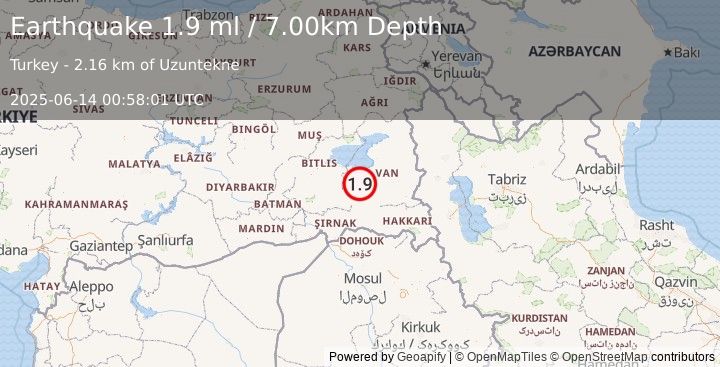 Earthquake EASTERN TURKEY (1.9 ml) (2025-06-14 00:58:01 UTC)