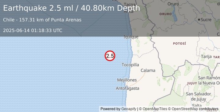 Earthquake OFF COAST OF ANTOFAGASTA, CHILE (2.5 ml) (2025-06-14 01:18:33 UTC)