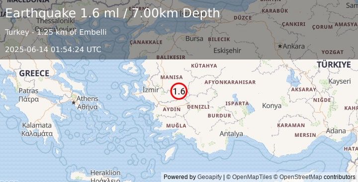 Earthquake WESTERN TURKEY (1.6 ml) (2025-06-14 01:54:24 UTC)