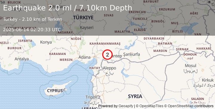 Earthquake CENTRAL TURKEY (2.0 ml) (2025-06-14 02:20:33 UTC)