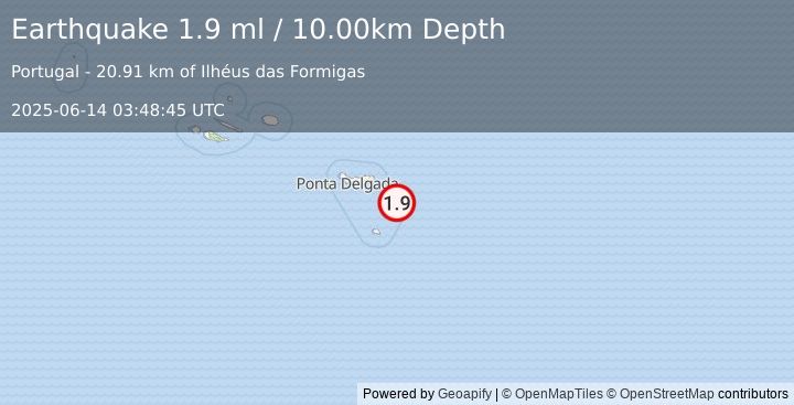 Earthquake AZORES ISLANDS REGION (1.9 ml) (2025-06-14 03:48:45 UTC)