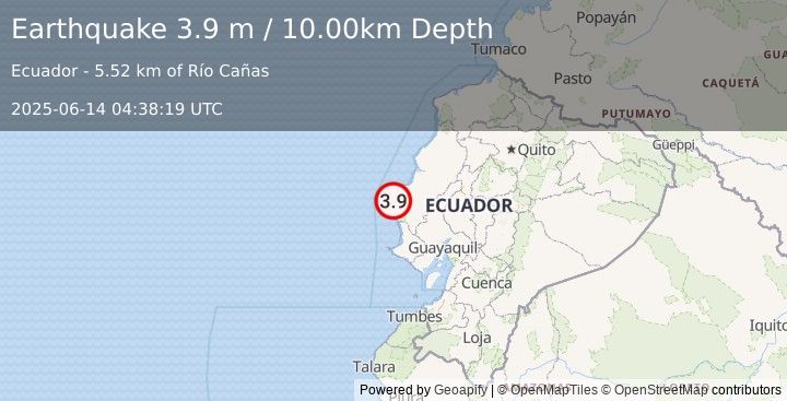 Earthquake NEAR COAST OF ECUADOR (3.9 m) (2025-06-14 04:38:19 UTC)