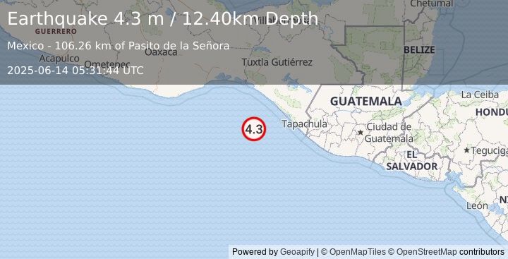 Earthquake OFF COAST OF CHIAPAS, MEXICO (4.3 m) (2025-06-14 05:31:44 UTC)