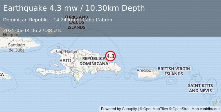 Earthquake DOMINICAN REPUBLIC REGION (4.3 mw) (2025-06-14 06:27:38 UTC)