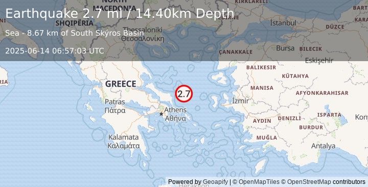Earthquake AEGEAN SEA (2.7 ml) (2025-06-14 06:57:03 UTC)