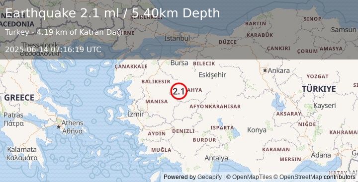 Earthquake WESTERN TURKEY (2.1 ml) (2025-06-14 07:16:19 UTC)