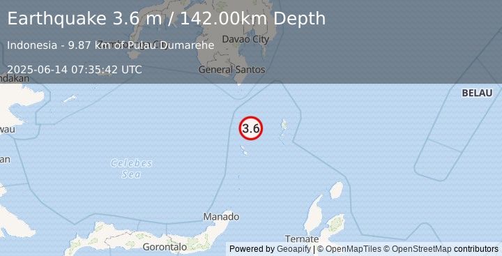 Earthquake KEPULAUAN SANGIHE, INDONESIA (3.6 m) (2025-06-14 07:35:42 UTC)