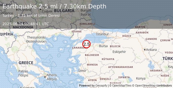 Earthquake WESTERN TURKEY (2.5 ml) (2025-06-14 07:48:41 UTC)