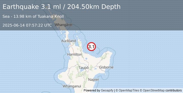 Earthquake NORTH ISLAND OF NEW ZEALAND (3.1 ml) (2025-06-14 07:57:22 UTC)
