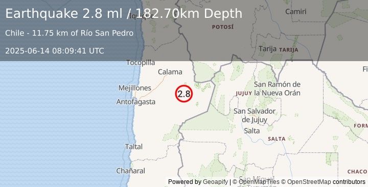 Earthquake ANTOFAGASTA, CHILE (2.8 ml) (2025-06-14 08:09:41 UTC)