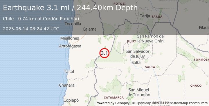 Earthquake ANTOFAGASTA, CHILE (3.1 ml) (2025-06-14 08:24:42 UTC)