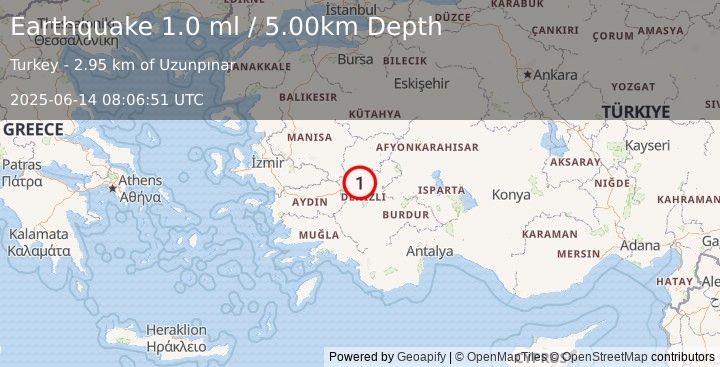 Earthquake WESTERN TURKEY (1.0 ml) (2025-06-14 08:06:51 UTC)