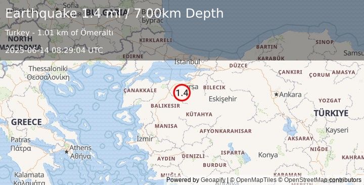 Earthquake WESTERN TURKEY (1.4 ml) (2025-06-14 08:29:04 UTC)