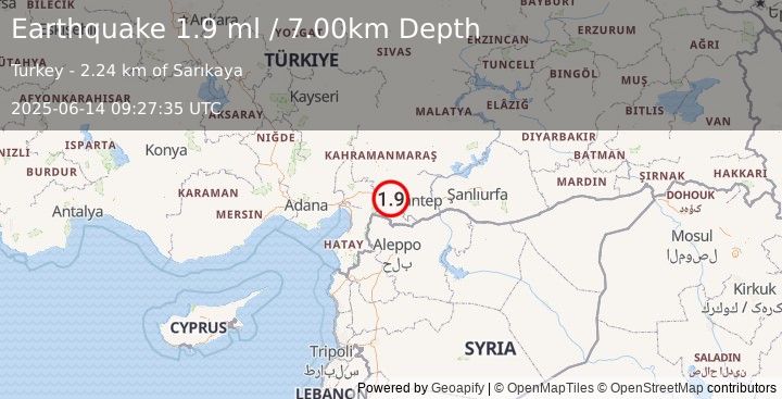 Earthquake CENTRAL TURKEY (1.9 ml) (2025-06-14 09:27:35 UTC)