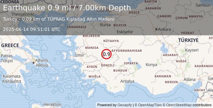 Earthquake WESTERN TURKEY (0.9 ml) (2025-06-14 09:51:01 UTC)