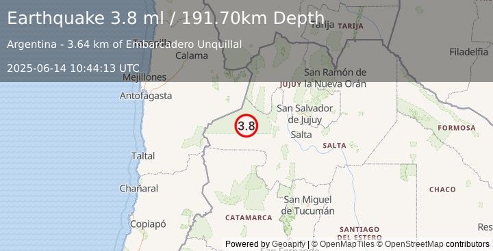 Earthquake SALTA, ARGENTINA (3.8 ml) (2025-06-14 10:44:14 UTC)