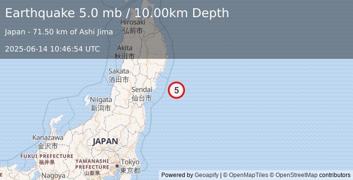 Earthquake NEAR EAST COAST OF HONSHU, JAPAN (5.0 mw) (2025-06-14 10:47:01 UTC)