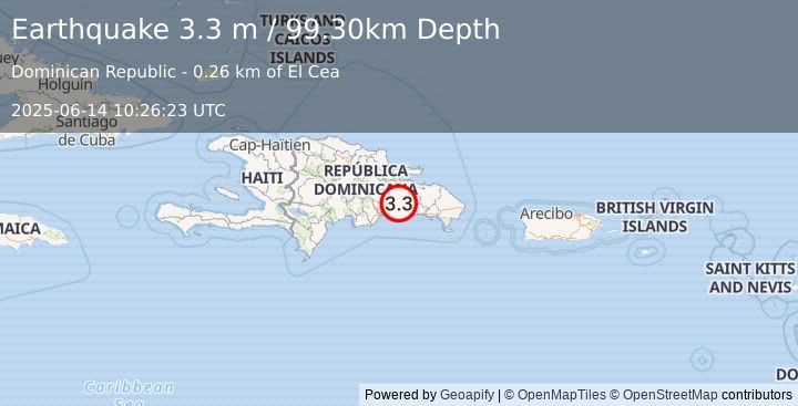 Earthquake DOMINICAN REPUBLIC (3.3 m) (2025-06-14 10:26:23 UTC)