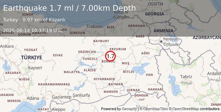 Earthquake EASTERN TURKEY (1.7 ml) (2025-06-14 10:37:19 UTC)