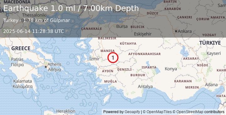 Earthquake WESTERN TURKEY (1.0 ml) (2025-06-14 11:28:38 UTC)