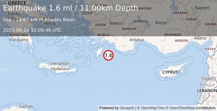 Earthquake EASTERN MEDITERRANEAN SEA (1.6 ml) (2025-06-14 11:09:46 UTC)