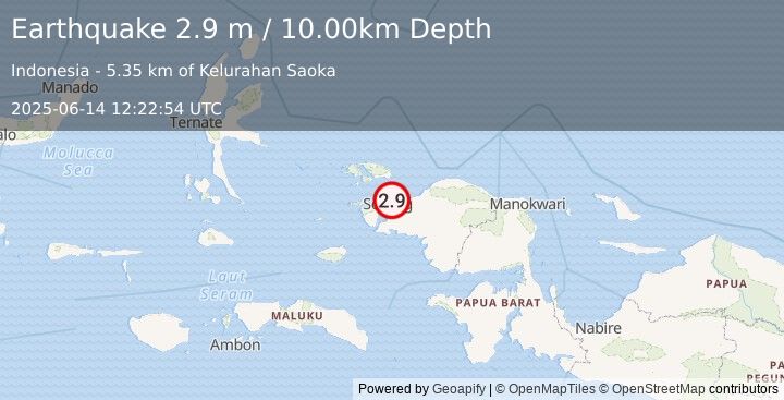 Earthquake NEAR N COAST OF PAPUA, INDONESIA (2.9 m) (2025-06-14 12:22:54 UTC)